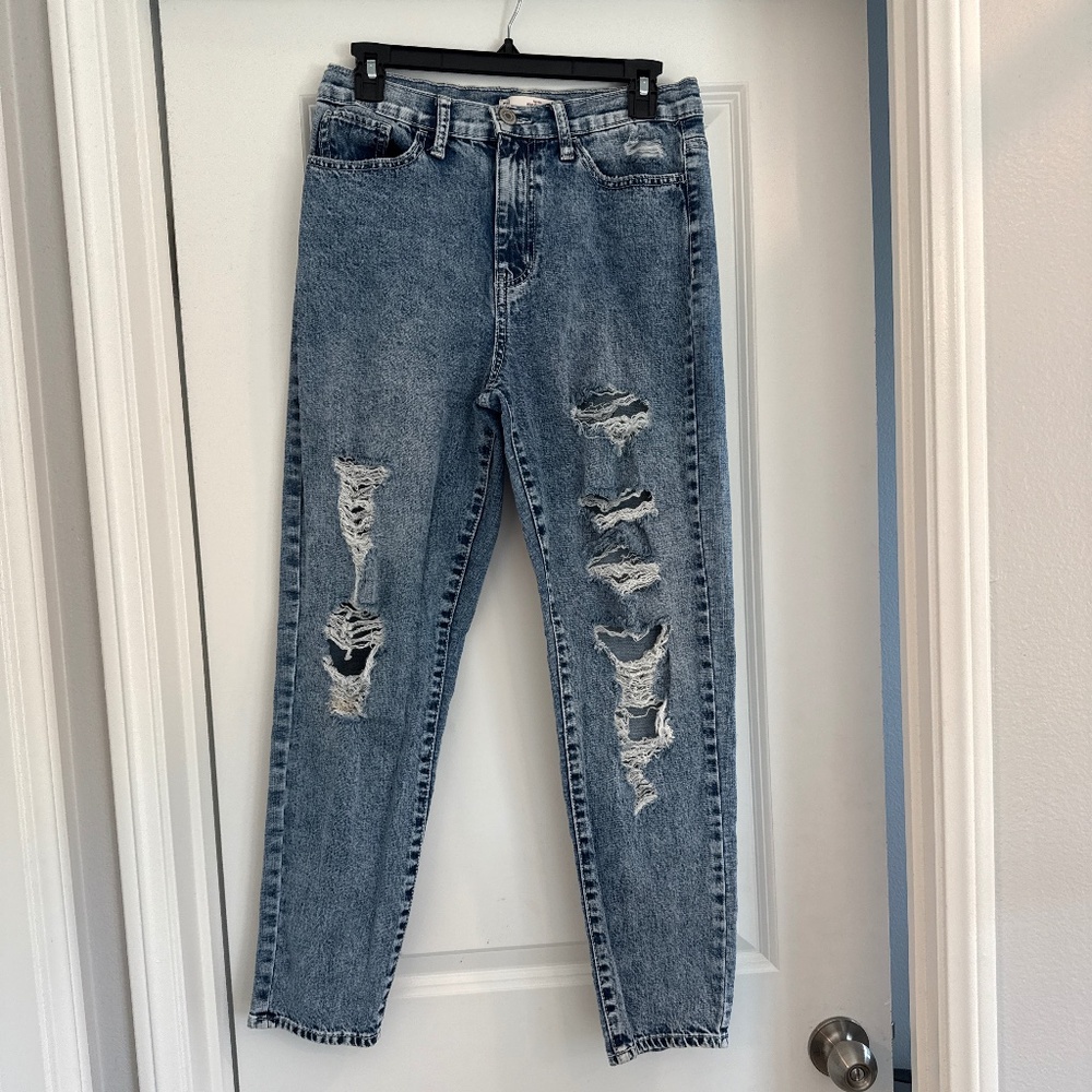 Distressed high rise mom jeans